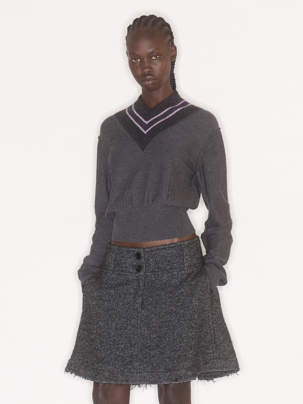 Nora V Neck Charcoal Stripe