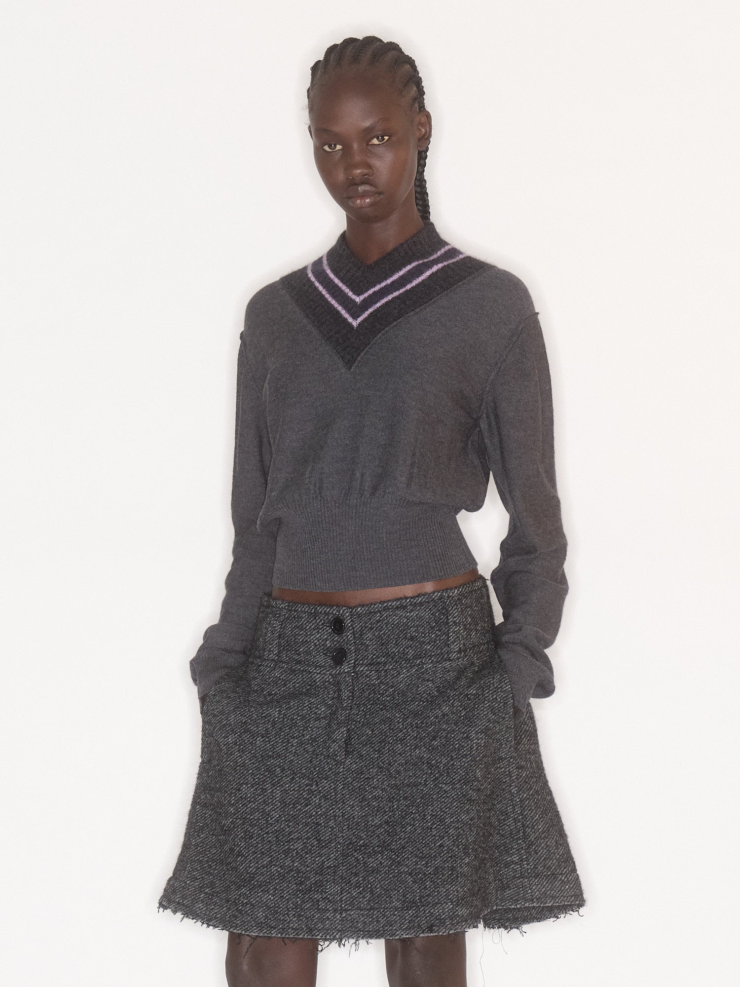 Nora V Neck Charcoal Stripe