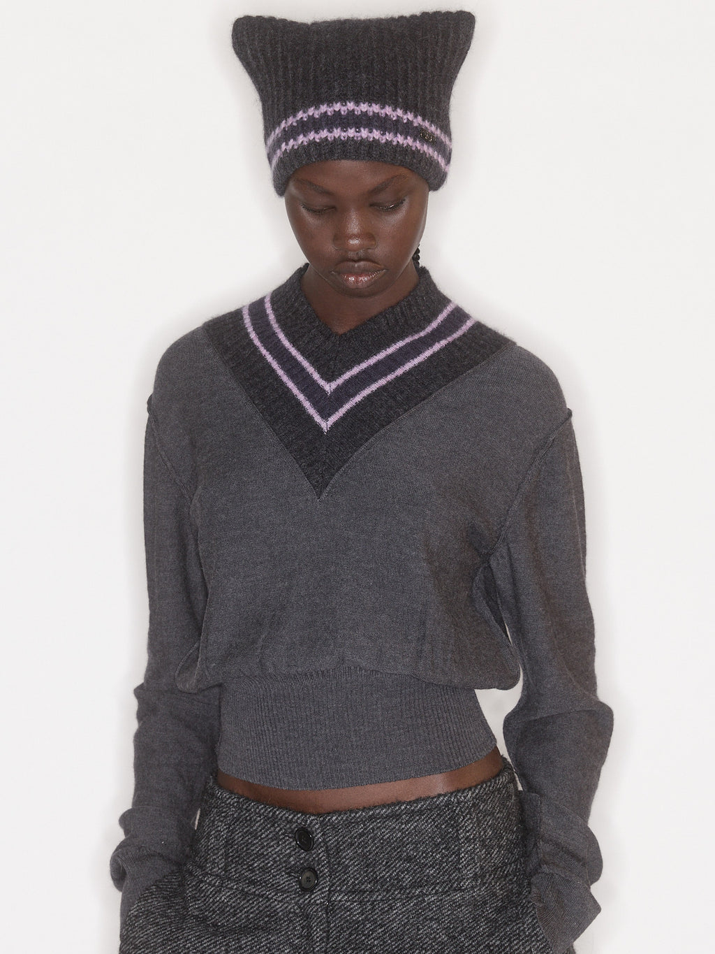 Nora V Neck Charcoal Stripe