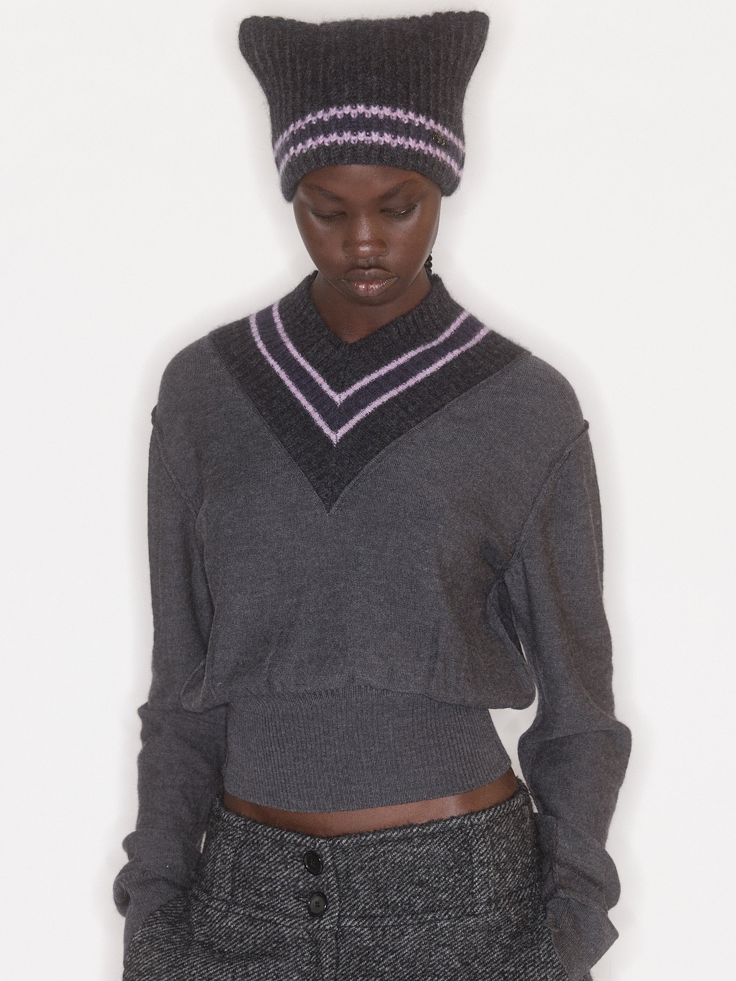 Nora V Neck Charcoal Stripe